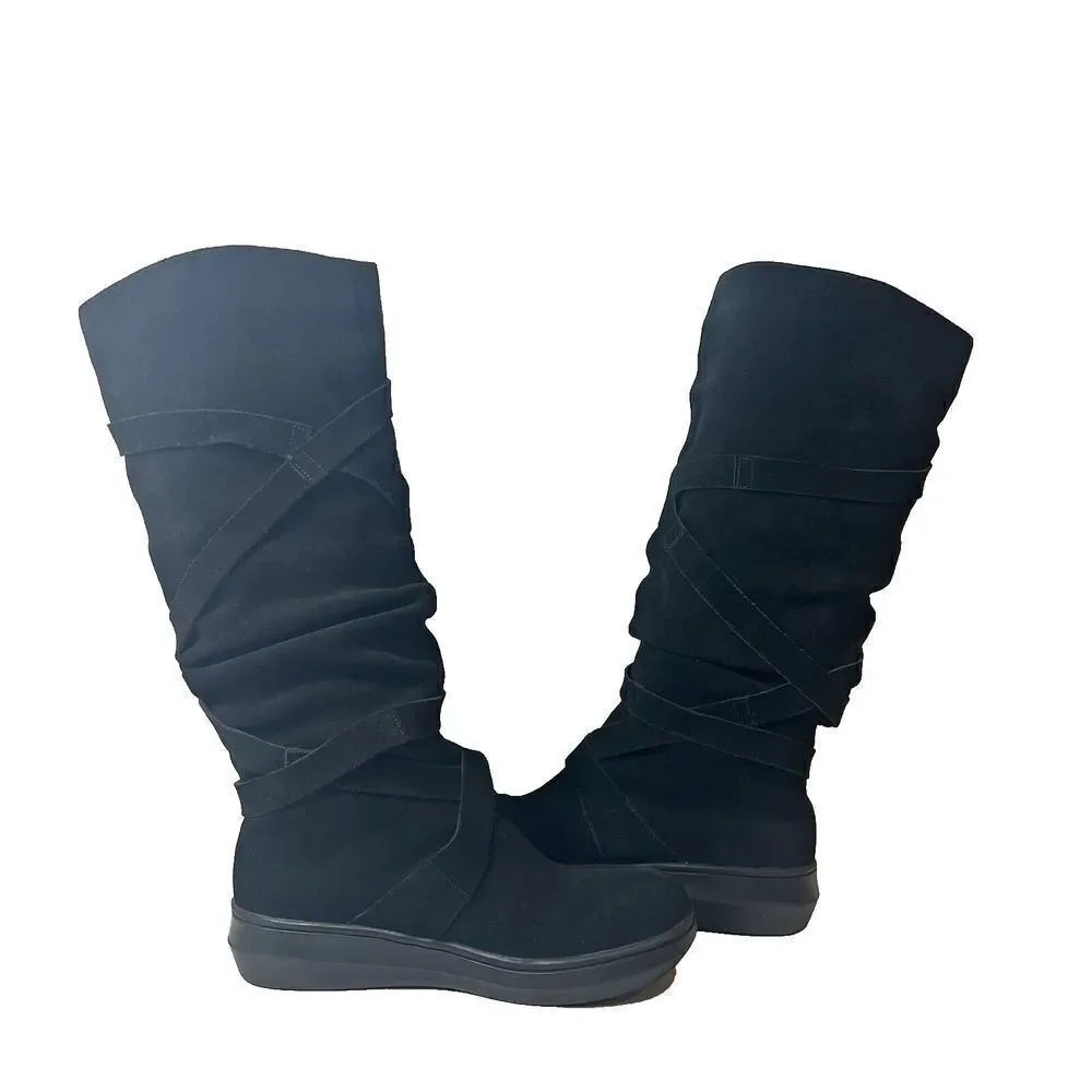 BDG Knee High Women's 7.5 M Casual Boots Black Suede Pull On Slouch Wrap Straps